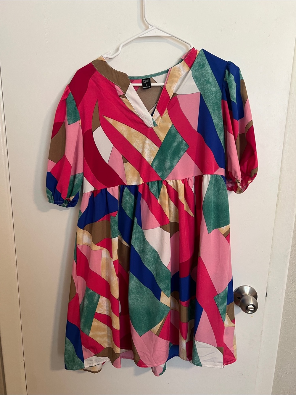Vibrant Pink Multicolor Puff-Sleeve Girls' Casual Dress